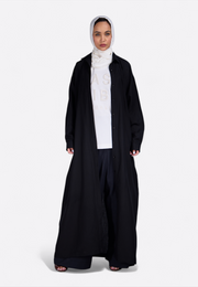Model wearing button-front ankle-length shirt, front view – East Vibe